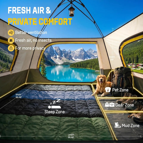 Interior view of 4 Person Camping Tent With Instant Setup In About 50 Seconds, Rainfly And Windproof Design, pet and gear zones.