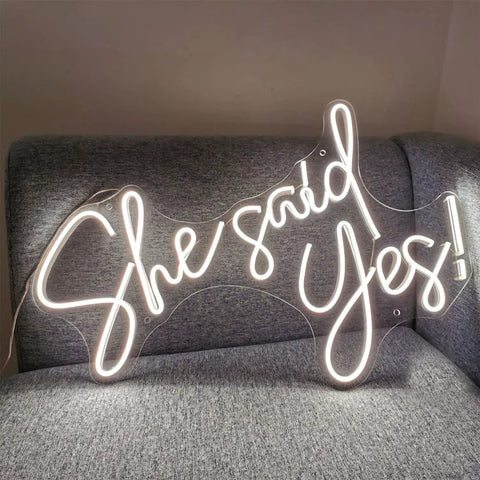 She Said Yes Neon Sign Led Light For Weddings And Parties White 60cm Bride Glow on grey sofa