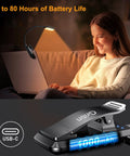 A woman using a Rechargeable Clip On Reading Light With 16 LED, 3 Color Temperatures And Stepless Dimming For Eye Care on a laptop.