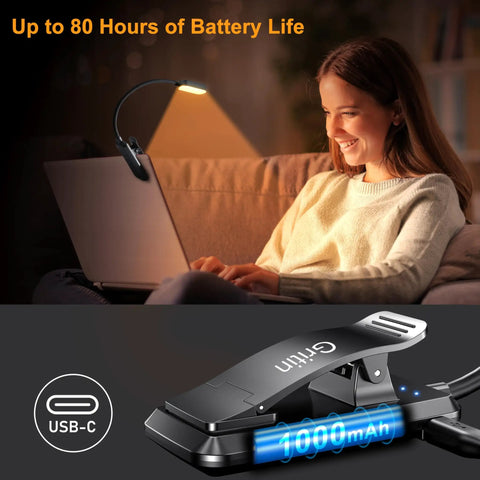 A woman using a Rechargeable Clip On Reading Light With 16 LED, 3 Color Temperatures And Stepless Dimming For Eye Care on a laptop.