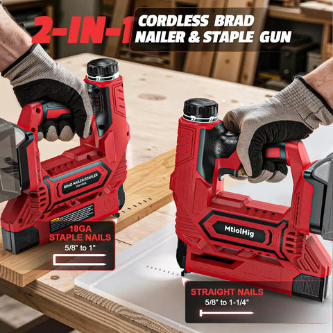 Straight Shooter Cordless Brad Nailer And Staple Gun Pack Includes Two Thousand Nails For Fast Carpentry And Diy Fixes shows tools on a workbench.