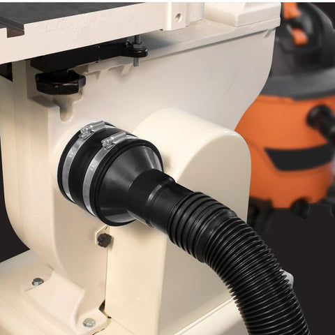 Four Inch To Two And A Half Inch Reducer With Four Inch Rubber Cuff Coupler And Stainless Steel Hose Clamps For Dust Collection On Band Saws Table Saws Planers Machinery And Workshop Vacuums, shown connected to woodworking equipment