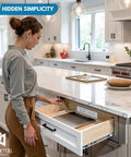 Woman using Drawer Outlet Kit With Four USB C PD30W Fast Chargers Plus Two USB A And Two Tamper Resistant Outlets in kitchen.
