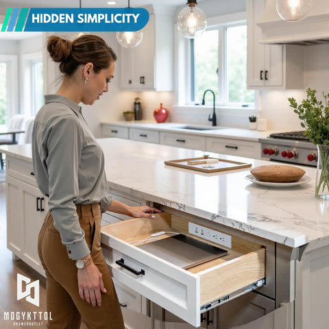 Woman using Drawer Outlet Kit With Four USB C PD30W Fast Chargers Plus Two USB A And Two Tamper Resistant Outlets in kitchen.