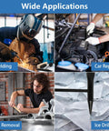 Two Pack Welding Chipping Hammer And Wire Brush Set shown in use for welding, car repair, rust removal, and ice drilling applications.