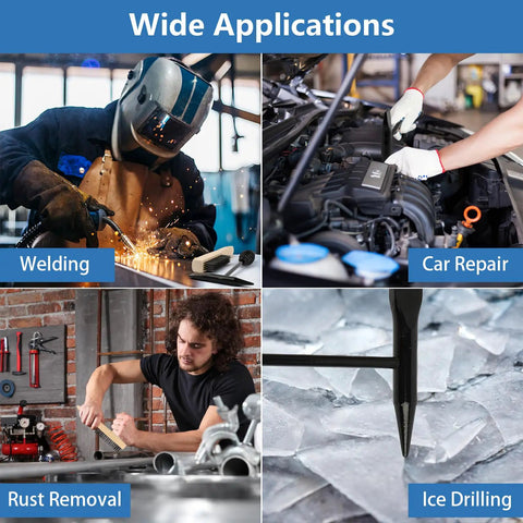 Two Pack Welding Chipping Hammer And Wire Brush Set shown in use for welding, car repair, rust removal, and ice drilling applications.