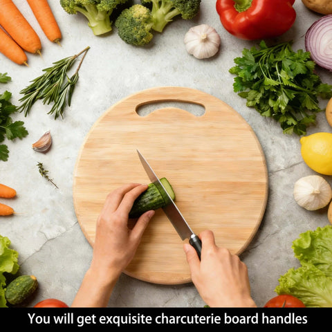 Wooden cutting board with hands slicing cucumber, surrounded by vegetables; example use for Pro Grade Acrylic Router Templates Set 6 In 1 For Precise Handles, Grooves And Inlays Reusable Woodworking Jig Guide For DIY Projects And Carpentry At Home.