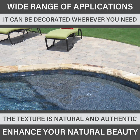 Flexible Stone Edge Form Liner For Concrete Countertops And More, installed around a swimming pool with natural stone effect.