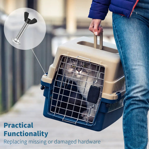 Person carrying pet carrier showing M6 Pet Carrier Fasteners Set with 20 plastic butterfly nuts and 20 M6 x 30 stainless steel bolts