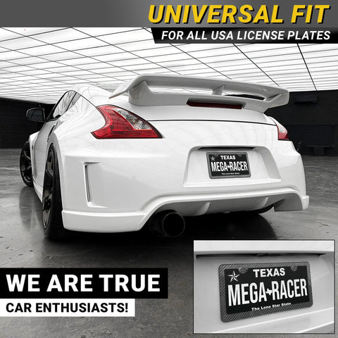 Fresh Black Carbon Fiber License Plate Frames Two Pack Slim Heavy Duty Auto Accessories Truck Car Universal Drop In Fit Street Legal Badass Vanity Upgrade on a white sports car.