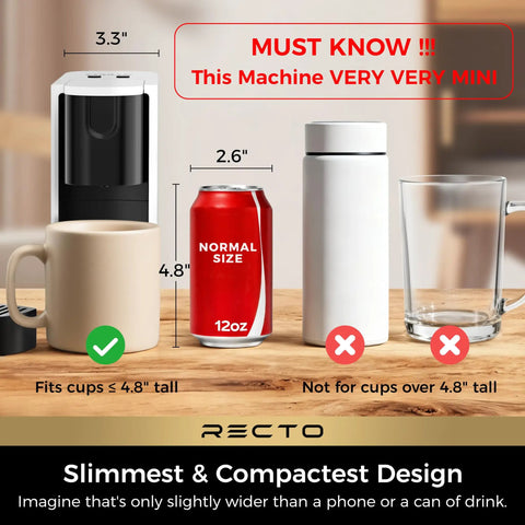 RectoCafé Espresso Machine For Nespresso Original Capsule Pods 20 Bar Professional Italian Pump Tiny But Mighty Ultra Mini Coffee Maker next to cups and cans for size comparison.