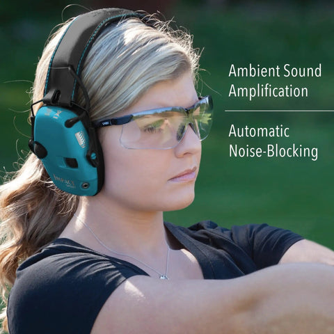 Woman wearing teal Impact Sport Electronic Shooting Earmuff With Sound Amplification Teal Color Directional Microphones.