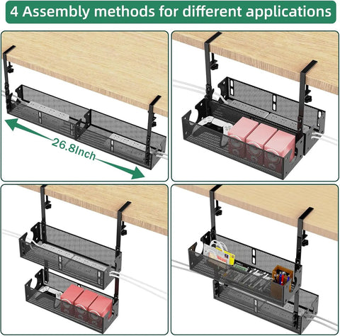 Two Pack Under Desk Cable Management Trays, Metal Wire Organizer Clamp Mount, showcasing 4 installation methods under a desk.