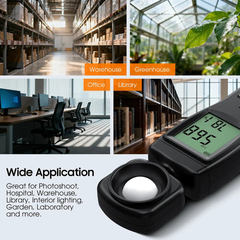 Pro Grade Lux Meter With 0 To 200000 Lux Range And 180 Degree Rotating Sensor, Backlit LCD, Handheld Illuminance Tool For Plants, Photography, Indoor Studio, Film And Video Creation shown with black handheld meter in warehouse, greenhouse, office, and library