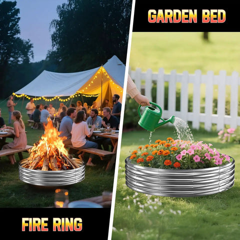 60 Inch Fire Pit Ring Heavy Duty Galvanized Steel used for wood burning with spark guard, and as a garden bed in a lively outdoor setting.