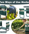 2 In 1 Garden Kneeler And Seat Foldable Bench with 10.23 Inch Kneeling Pad, showing dual tool pouches and ergonomic design