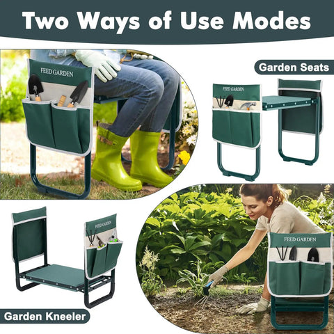 2 In 1 Garden Kneeler And Seat Foldable Bench with 10.23 Inch Kneeling Pad, showing dual tool pouches and ergonomic design