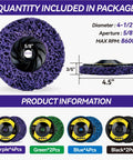 12 Pack 4.5 Inch Strip Discs With 5/8-11 Thread For Angle Grinder Blue Purple Green Black Abrasive Wheels displayed front and side.