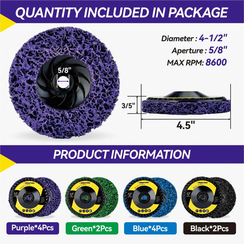 12 Pack 4.5 Inch Strip Discs With 5/8-11 Thread For Angle Grinder Blue Purple Green Black Abrasive Wheels displayed front and side.