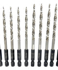 Woodworking Tapered Countersink Drill Bit Set, 10 Piece Pack With Five 11/64 Inch And Five 3/16 Inch Bits displayed in a row