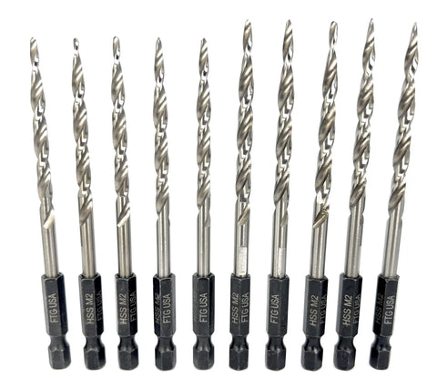 Woodworking Tapered Countersink Drill Bit Set, 10 Piece Pack With Five 11/64 Inch And Five 3/16 Inch Bits displayed in a row