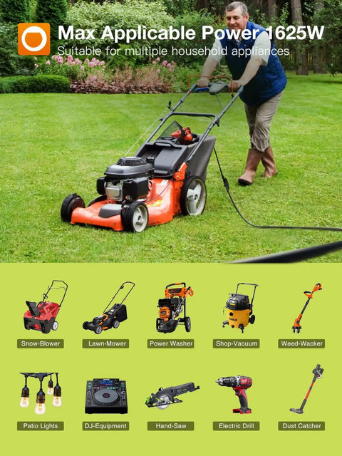 Man using 60 Feet Outdoor Extension Cord Waterproof All Weather Heavy Duty 16 Gauge 3 Prong With Covers Flexible 100 Percent Copper UL Listed Power Cable For Lawn Tools Garage Yard Gear connected to a lawn mower on grass.