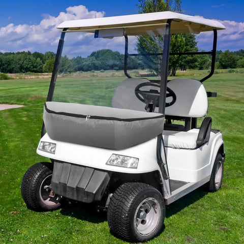 Gray Golf Cart Cooler Bag Insulated Leakproof Travel Cooler With Front Cart Strap Keeps Drinks Cold For Picnics Beach Work Trips Camping And Golf Rounds 9.84 x 18.11 x 38.58 Inches attached to white golf cart on a golf course