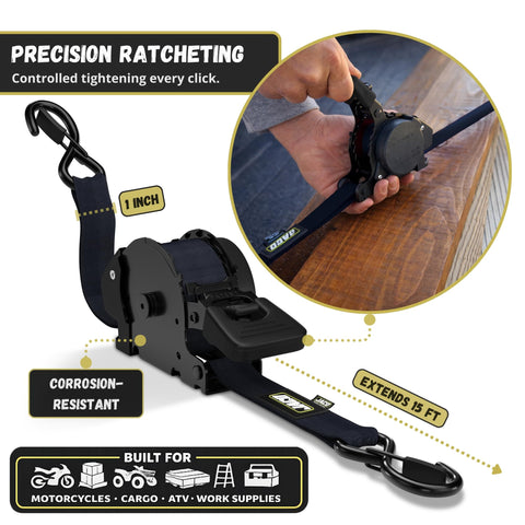 Auto Self Retracting Ratchet Straps 1 Inch By 15 Feet 4 Pack Heavy Duty Cargo Tie Down Straps with corrosion-resistant design
