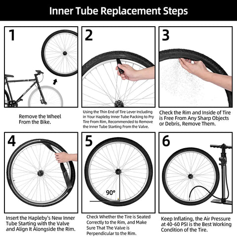 Diagram illustrating steps for replacing a bike inner tube using 26 Inch Mountain Bike Inner Tubes 2 Pack For 26x1.75 To 2.125 Tires With Schrader Valve