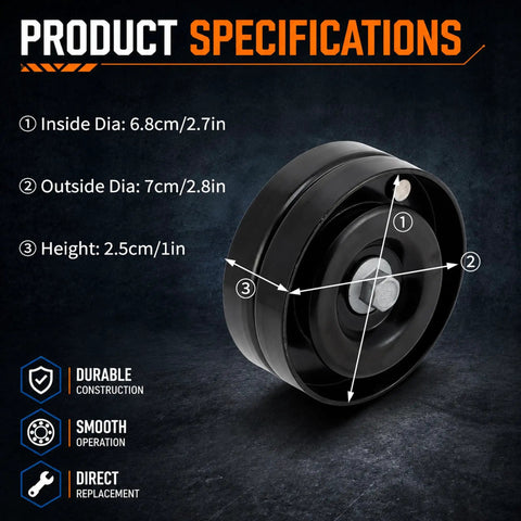 High Impact Drive Belt Idler Pulley For Mini Cooper 2002 2007 With 1.6L Engine specifications, 70mm diameter, plastic material.