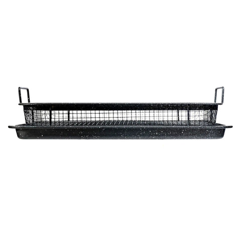 Side view of Non-Stick Air Fryer Tray Bakeware Set for Oven 13 by 9 Inch Two Piece with Crisper Pan and Cookie Sheet Stainless Steel