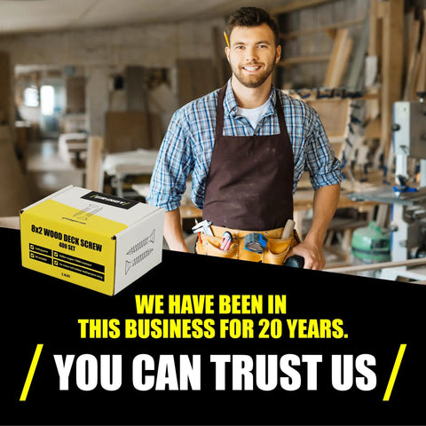 Carpenter in workshop with Nine By Two And A Half Inch Wood Screws Set For Cabinets And Furniture With Bit Included nearby.