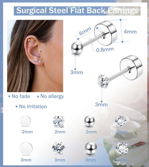16 Pairs Cartilage Flat Back Stud Earrings Set for Women, Hypoallergenic CZ Sparkle, Tiny Ball and Flat Dot Designs, Gold Plated, Silver Plated, or Black Tone, Wear Solo or Layer Across Multiple Piercings. Surgical steel flat back stud earrings, 2mm to 3mm sizes.