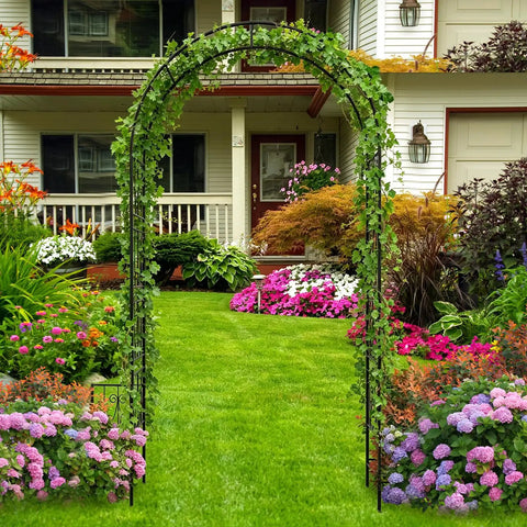 8 Foot Metal Garden Arch Trellis With Planter Boxes For Climbing Plants Outdoor Rust Resistant Backdrop Stand For Weddings Parties And Garden Decor Heavy Duty Pergola in a vibrant garden setting.