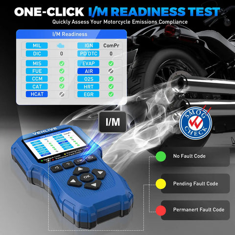 Dope Motorcycle Diagnostic Scanner V880 Moto OBD2 Tool with voltage test showing I/M readiness results next to a motorcycle.