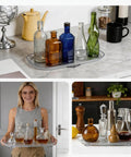 Two Pack Clear Acrylic Fridge Lazy Susan Organizer With 360 Degree Rotating Turntable on countertop with various bottles