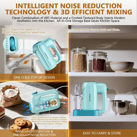Slick Handheld Electric Mixer With 5 Speed Settings And Smart Storage Base For Effortless Baking Whipping And Cake Mixing Comes With Five Hella Durable Stainless Steel Attachments In Bold Blue placed on a shelf with mixing utensils.