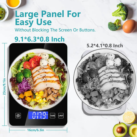 Digital Kitchen Scale For Precise Measurements In Grams And Ounces, Rechargeable 33 Pound 15 Kilogram Capacity, black with food