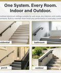 Slick Flush Satin Black Handrail Kit, 2ft Indoor Outdoor Stair Railing in residential, bathroom, porch, and outdoor settings.