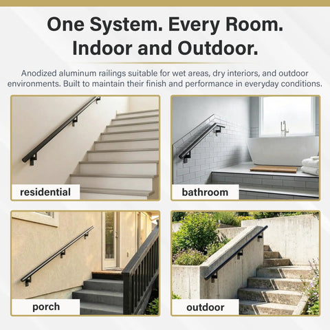 Top Tier Eight Foot Satin Black Aluminum Handrail Kit For Indoor Outdoor Stairs Featuring Smooth Anodized Finish Pivoting Wall Brackets And Clean Flush Endcaps Modern Railing No Sweat Setup on residential stairs.