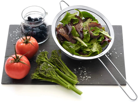 Future Strainer Set Fine Mesh Stainless Steel 304 8 inch strainer with salad and produce on slate board