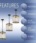 Features of 10-Inch Black And Brass Gold 1-Light Iron Pendant Lantern, adjustable height, dimmable, bulbs included, tilt.