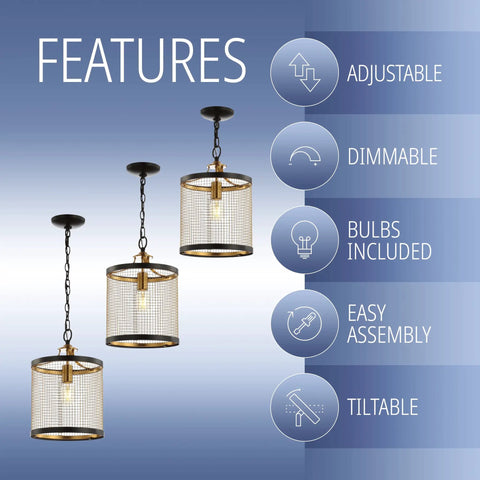 Features of 10-Inch Black And Brass Gold 1-Light Iron Pendant Lantern, adjustable height, dimmable, bulbs included, tilt.