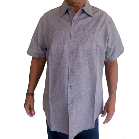 Men's Micro Check Short Sleeve Work Shirt, Heavy Duty Industrial Auto Mechanic Uniform, with dual pockets in focus.