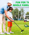 Father and son using Two Way Mini Golf Putter Set For Right Or Left Handed Players With Adjustable Length Training Club Includes Ball And Flag Cup Ideal For Men Women Teens And Adults Learning And Practicing At Home on green lawn.
