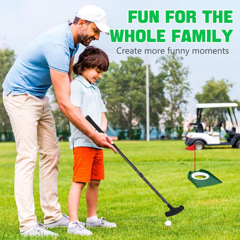 Father and son using Two Way Mini Golf Putter Set For Right Or Left Handed Players With Adjustable Length Training Club Includes Ball And Flag Cup Ideal For Men Women Teens And Adults Learning And Practicing At Home on green lawn.