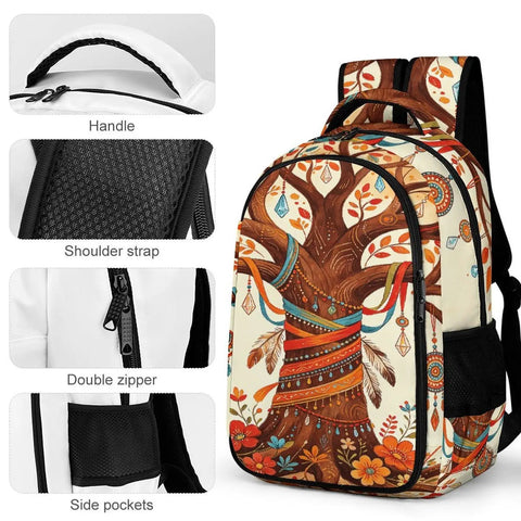 Unisex Vintage Ethnic Floral Tree Pattern Backpack With Large Capacity, Durable Polyester Build, Smooth Zipper, Side Pockets