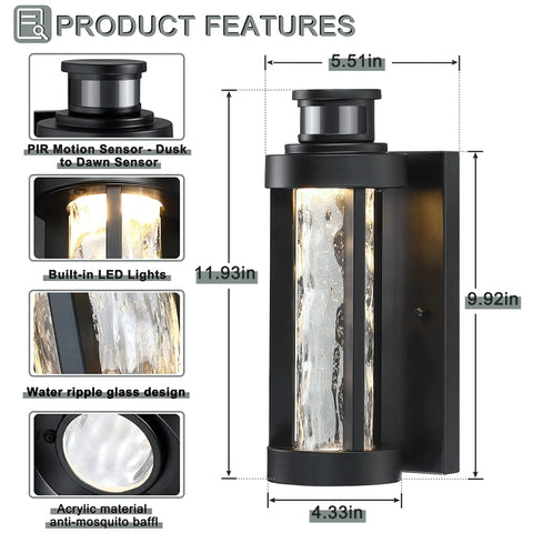 Motion Sensor Outdoor Wall Light With Dusk To Dawn Function Water Ripple Glass Exterior Lantern Easy Mount Porch Garage