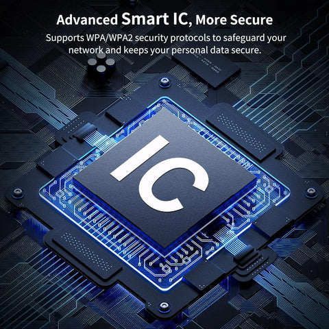 Close-up of advanced Smart IC chip supporting security protocols in Fast WiFi Extender AC1200Mbps Dual Band 5.8GHz And 2.4GHz