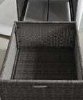 Open basket drawer of Valet Pool Towel Rack With Waterproof PE Plastic Rattan Wicker Storage Organizer For Indoor Outdoor Pools, Spas, And Hot Tubs, Towel Holder And Gear Caddy, 2 Shelves, 1 Basket Drawer, Mixed Gray.